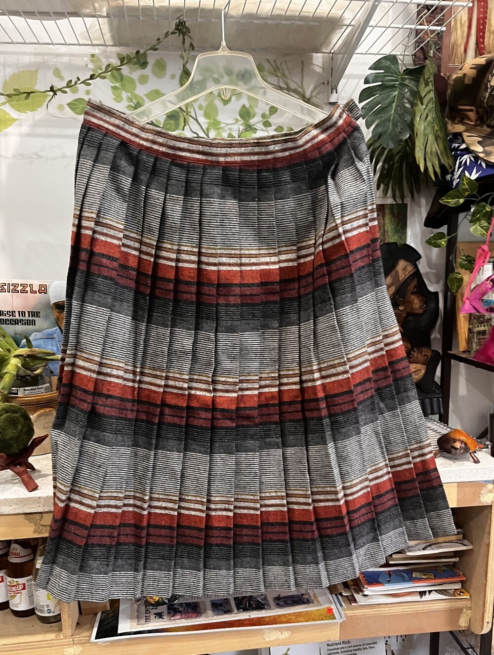 Women's Pleated Stripe Midi Skirt in Black and Red